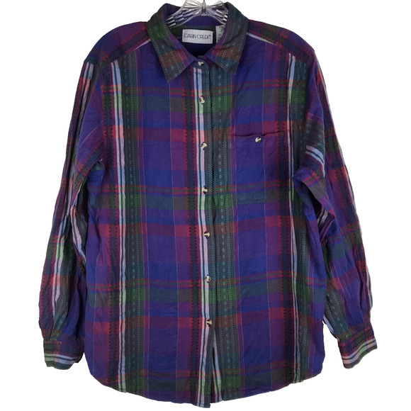 Cabin Creek Plaid Button Up Purple Blue Green Red Colorful 80s 90s Womens Large - Picture 1 of 14